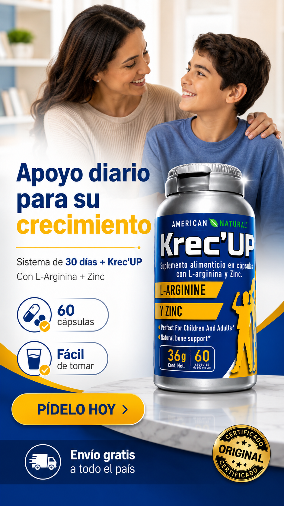 Suplemento alimenticio para crecimiento, energía y bienestar diario Krec`Up, American Natural, 60 caps