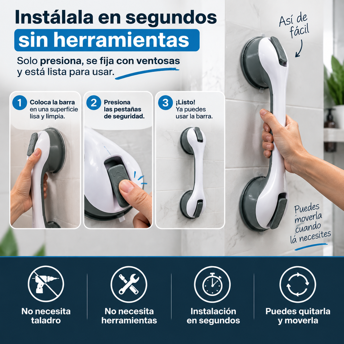 Barra con ventojas de seguridad para Baño: más tranquilidad y apoyo donde más lo necesitas.