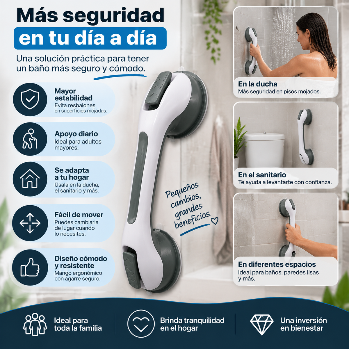 Barra con ventojas de seguridad para Baño: más tranquilidad y apoyo donde más lo necesitas.